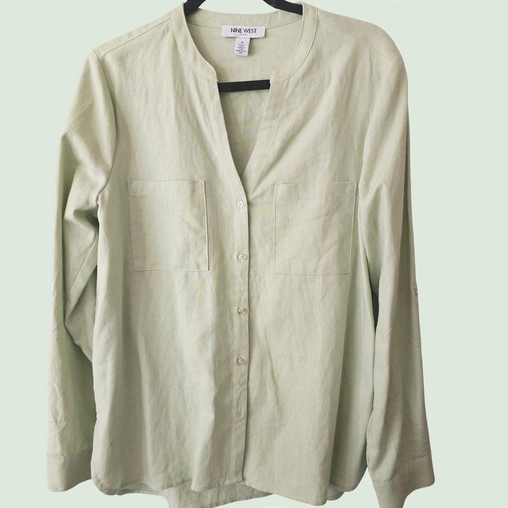 Nine West Womens Medium Sage Green Linen Blend Button Down Utility Shirt Minimal